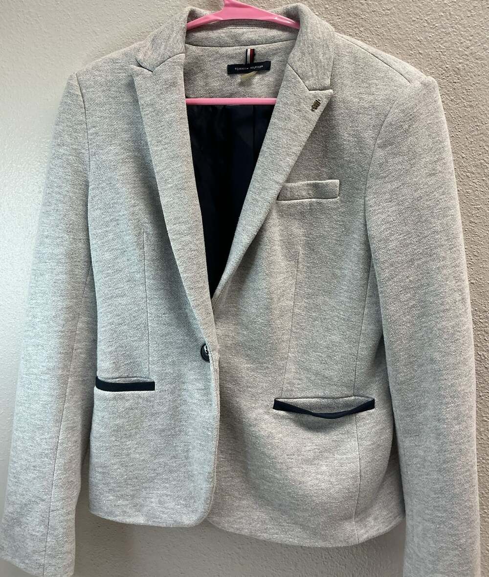 Tommy Hilfiger Blazer Size 2 Gray Cotton Blend Elbow Patches